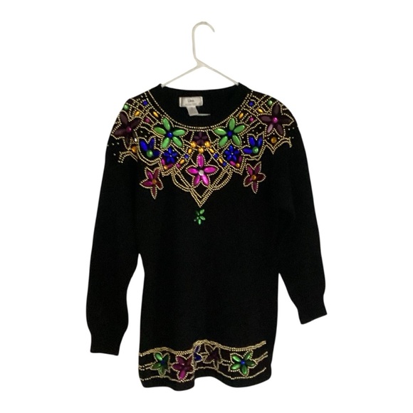 Marisa Christina Sweaters - VTG 80s Lisa Black Bejeweled Colorful Beaded Chunky Sequin Sweater Black  M